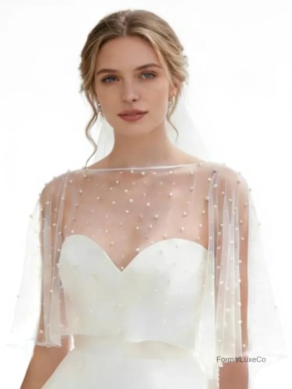 Pearl Shawl Wrap Shrug Satin Edge Cape Tulle Sheer Bridal Bride Scarf Dress